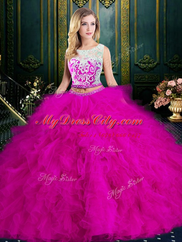 Spectacular Scoop Fuchsia Zipper Ball Gown Prom Dress Lace and Ruffles Sleeveless Floor Length