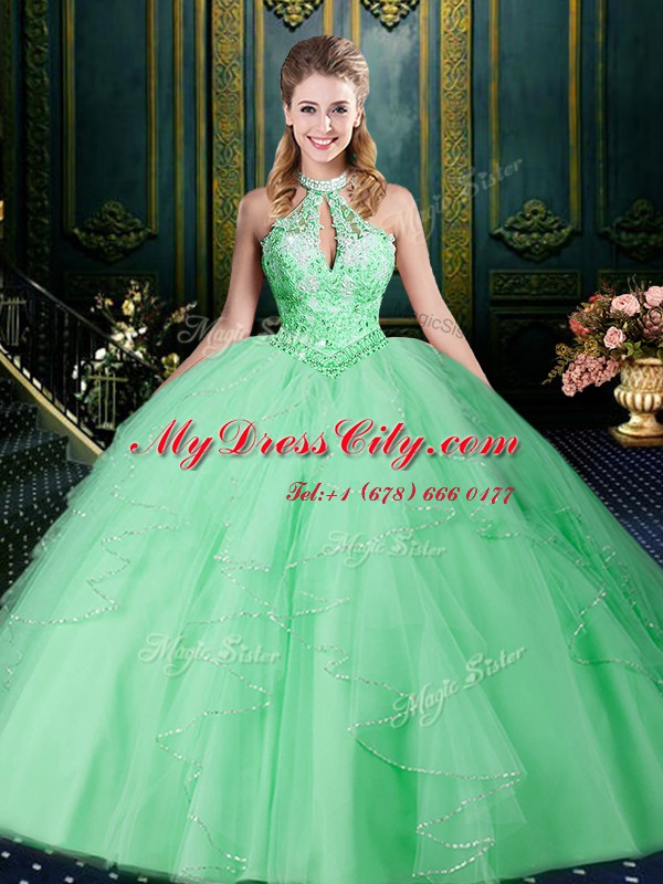 Dramatic Halter Top Sleeveless Tulle Sweet 16 Dresses Beading and Lace and Ruffles and Ruching Lace Up