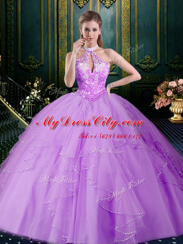 Dramatic Halter Top Sleeveless Tulle Sweet 16 Dresses Beading and Lace and Ruffles and Ruching Lace Up