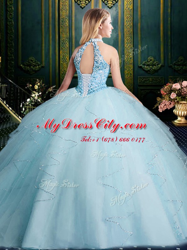 Dramatic Halter Top Sleeveless Tulle Sweet 16 Dresses Beading and Lace and Ruffles and Ruching Lace Up