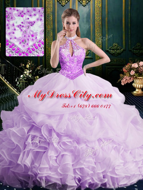 Lavender Organza Lace Up Halter Top Sleeveless Quinceanera Gown Brush Train Beading and Lace and Appliques and Ruffles and Pick Ups