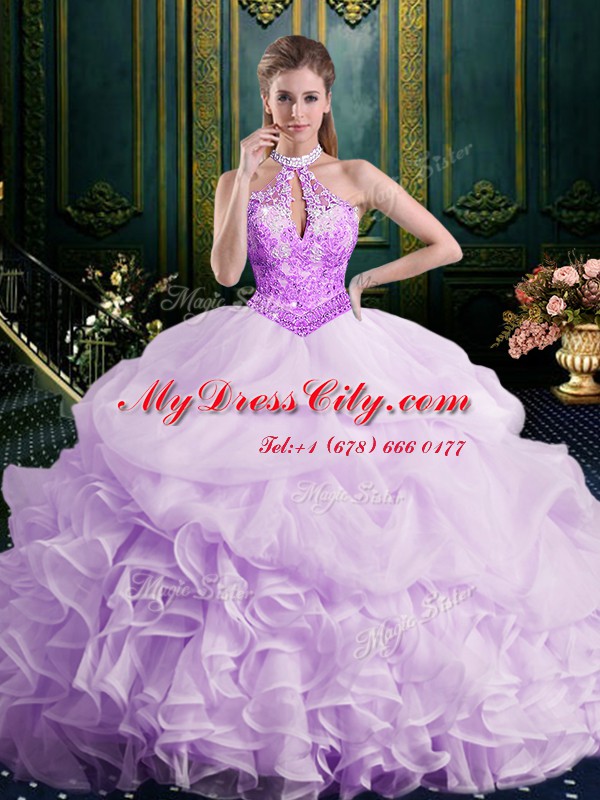 Lavender Organza Lace Up Halter Top Sleeveless Quinceanera Gown Brush Train Beading and Lace and Appliques and Ruffles and Pick Ups