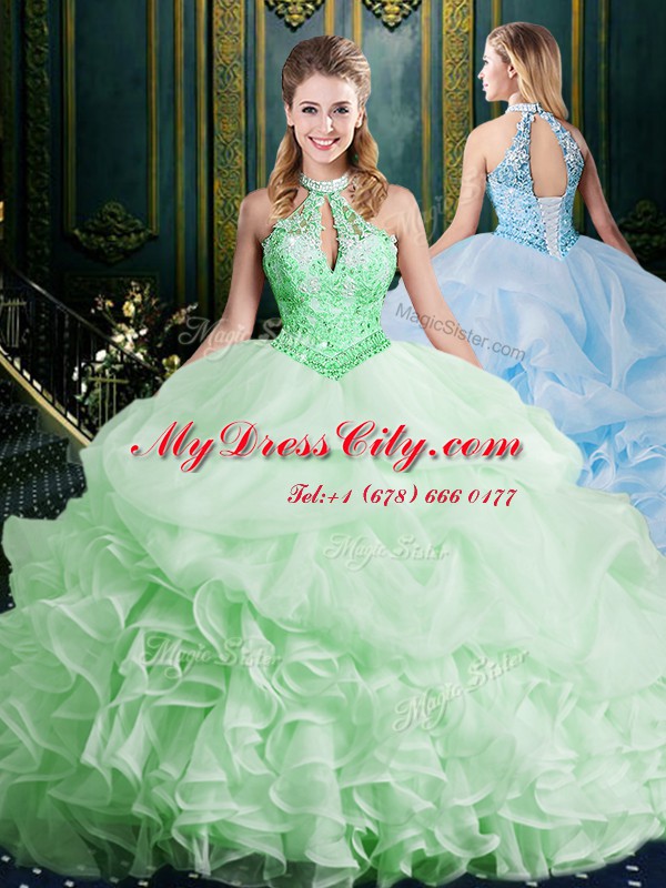 Customized Halter Top Sleeveless Beading and Lace and Appliques and Ruffles and Pick Ups Lace Up Quinceanera Gown with Brush Train