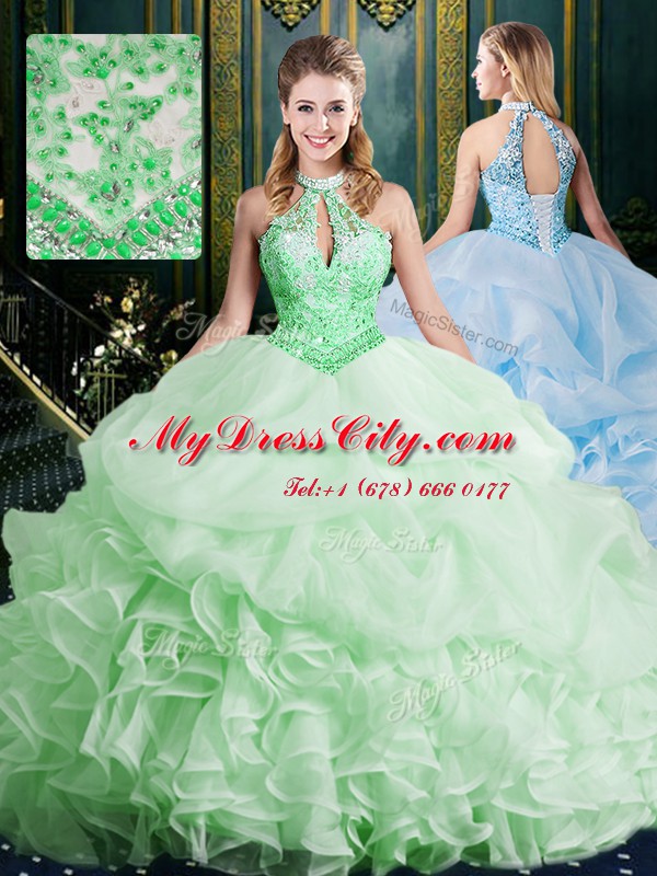 Customized Halter Top Sleeveless Beading and Lace and Appliques and Ruffles and Pick Ups Lace Up Quinceanera Gown with Brush Train