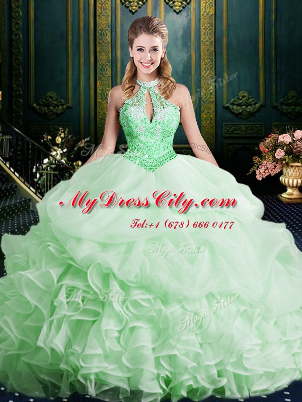 Customized Halter Top Sleeveless Beading and Lace and Appliques and Ruffles and Pick Ups Lace Up Quinceanera Gown with Brush Train