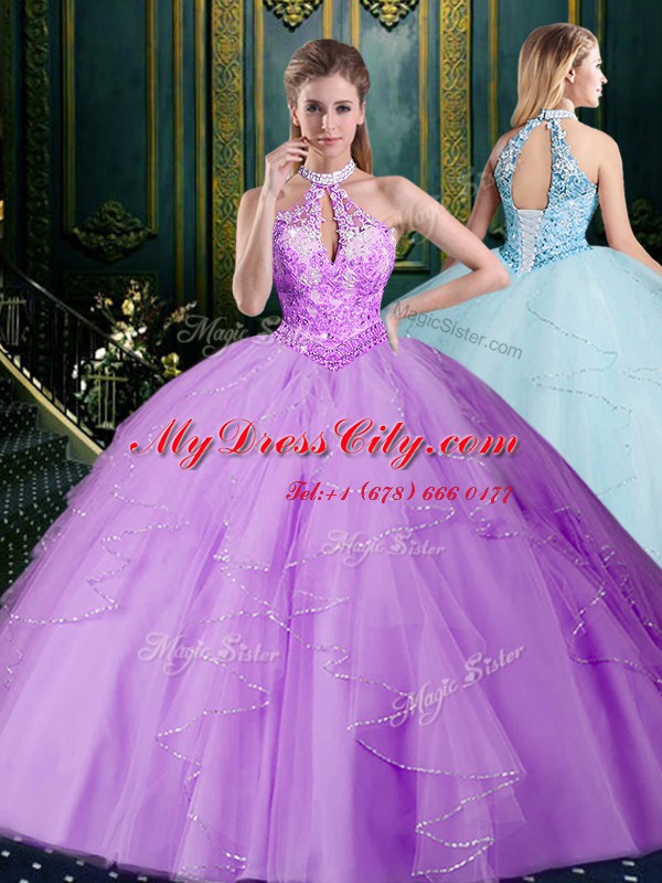 Lavender Tulle Lace Up Halter Top Sleeveless Floor Length 15th Birthday Dress Beading and Lace and Ruffles