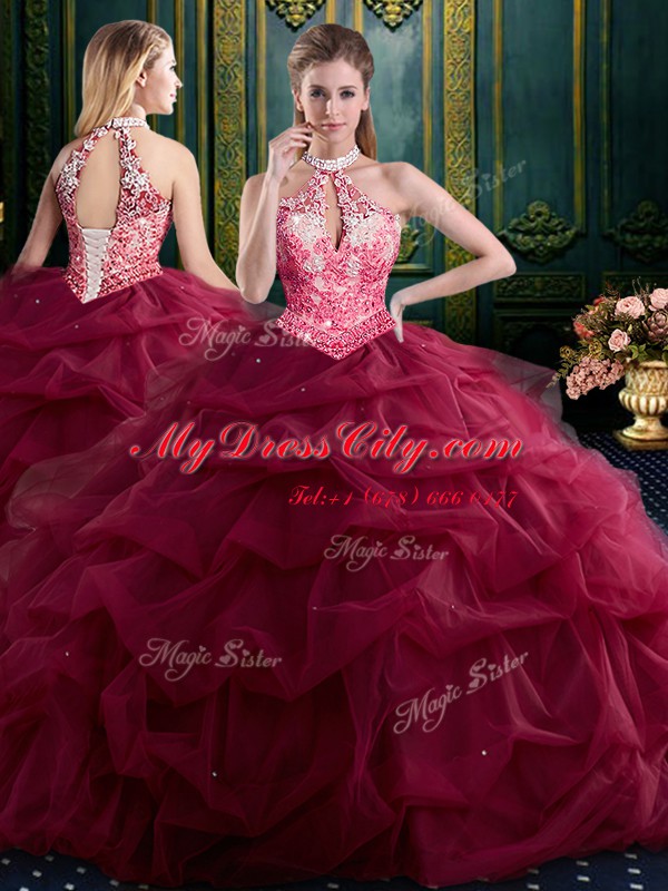 Halter Top Pick Ups Floor Length Ball Gowns Sleeveless Wine Red Vestidos de Quinceanera Lace Up