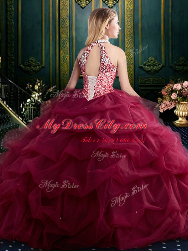 Halter Top Pick Ups Floor Length Ball Gowns Sleeveless Wine Red Vestidos de Quinceanera Lace Up