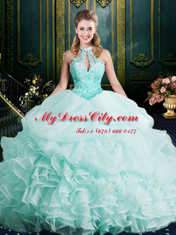 High End Halter Top Apple Green Organza Clasp Handle Quince Ball Gowns Sleeveless Brush Train Beading and Lace and Ruffles