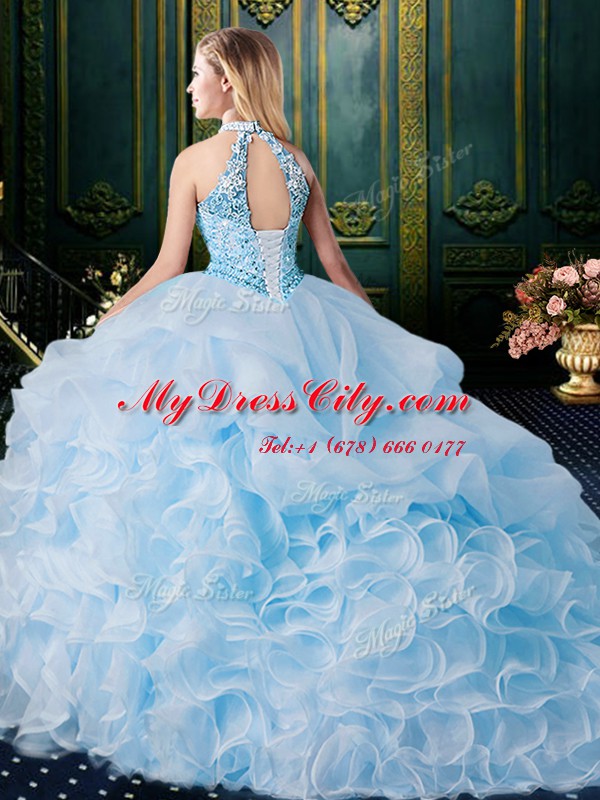 High End Halter Top Apple Green Organza Clasp Handle Quince Ball Gowns Sleeveless Brush Train Beading and Lace and Ruffles