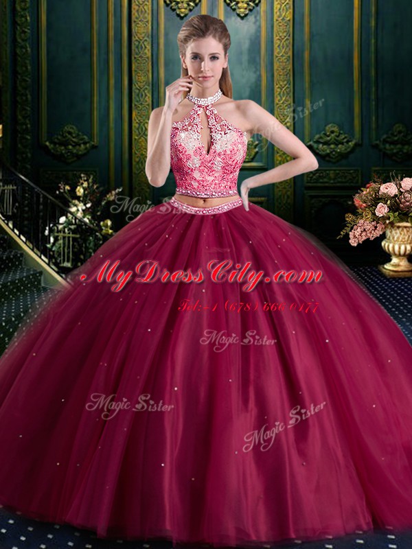 Luxury Halter Top Sleeveless Lace Up Floor Length Beading and Lace and Appliques Vestidos de Quinceanera