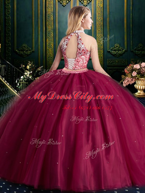 Luxury Halter Top Sleeveless Lace Up Floor Length Beading and Lace and Appliques Vestidos de Quinceanera