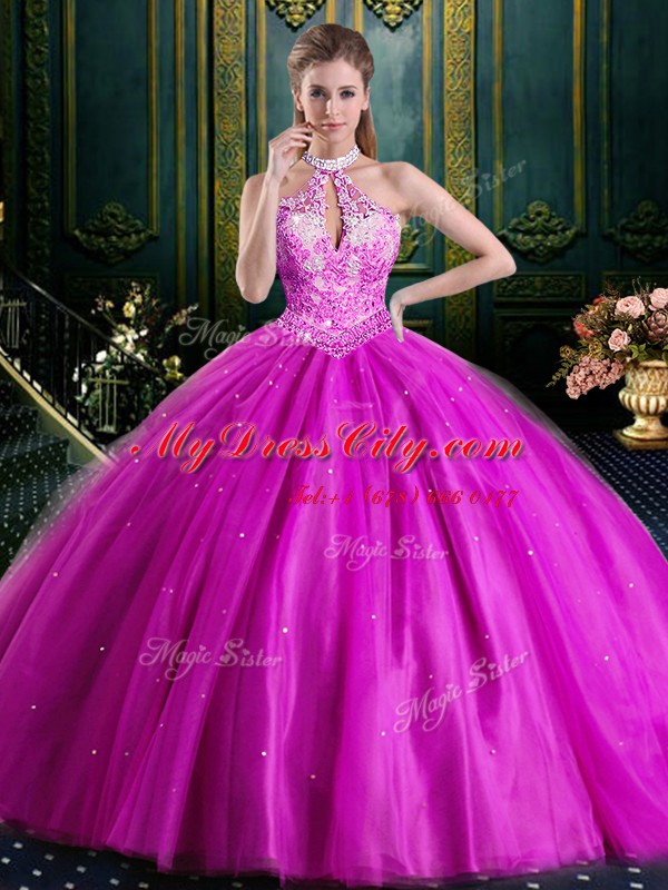 Halter Top Sleeveless Lace Up Floor Length Beading and Lace and Appliques Quinceanera Dress