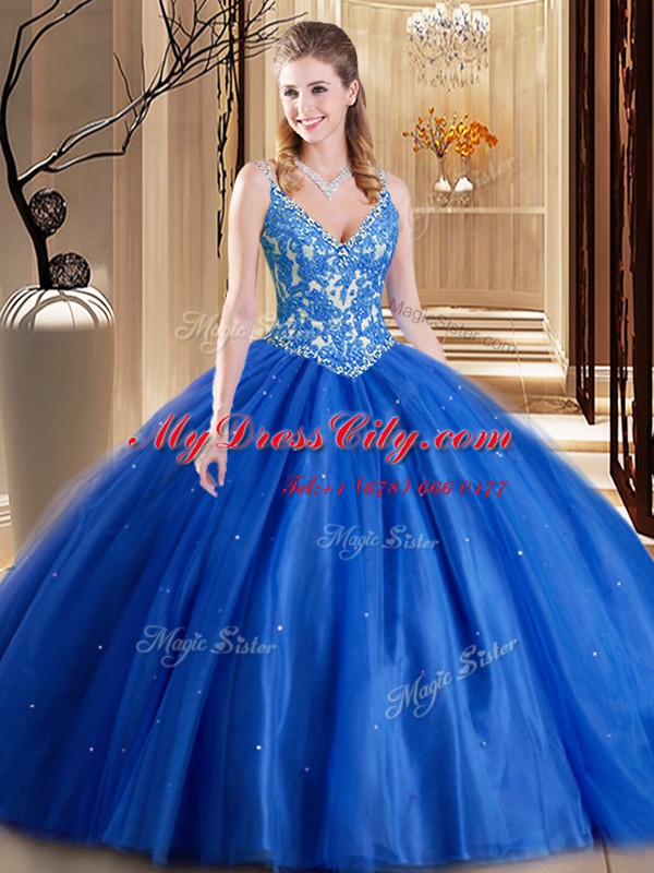 Exceptional Blue Lace Up Sweet 16 Dresses Beading and Appliques Sleeveless Floor Length