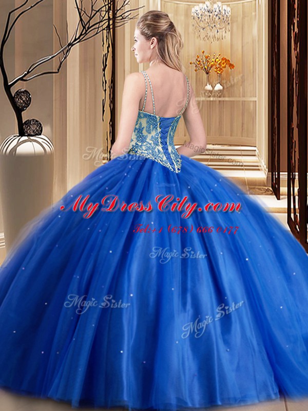 Exceptional Blue Lace Up Sweet 16 Dresses Beading and Appliques Sleeveless Floor Length