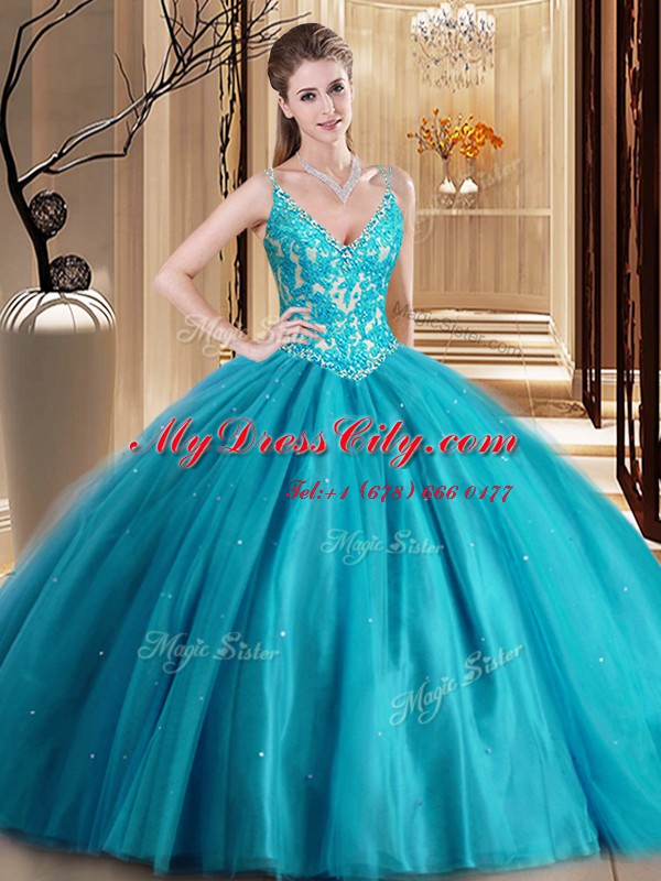 Spaghetti Straps Sleeveless 15th Birthday Dress Floor Length Beading and Lace and Appliques Teal Tulle