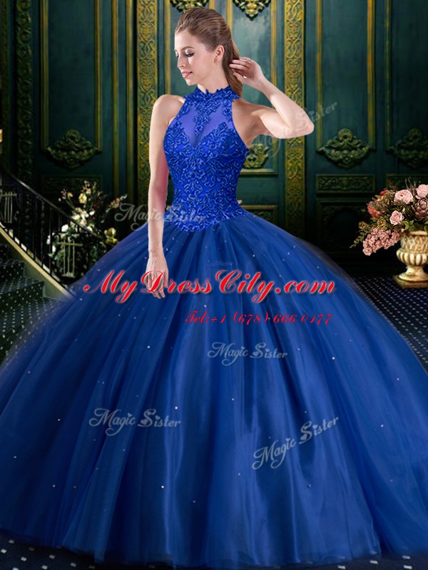 Floor Length Navy Blue Quinceanera Gown Tulle Sleeveless Beading and Appliques