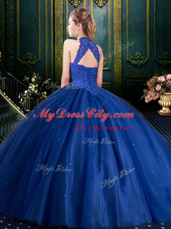 Floor Length Navy Blue Quinceanera Gown Tulle Sleeveless Beading and Appliques