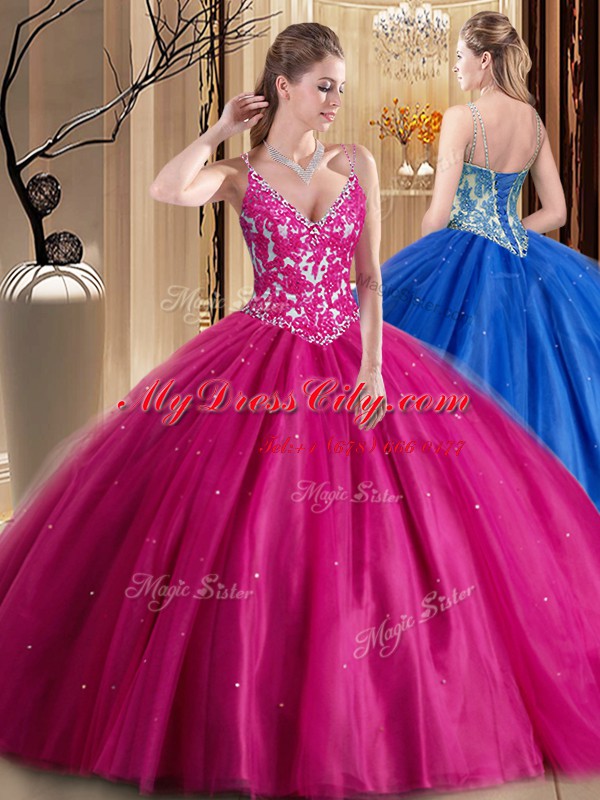 Vintage Beading and Appliques 15th Birthday Dress Hot Pink Lace Up Sleeveless Floor Length