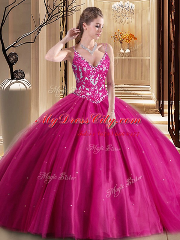 Vintage Beading and Appliques 15th Birthday Dress Hot Pink Lace Up Sleeveless Floor Length