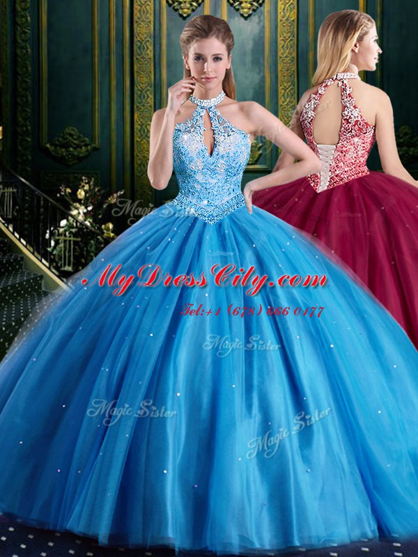 Halter Top Beading and Lace and Appliques Quinceanera Gowns Baby Blue Lace Up Sleeveless Floor Length