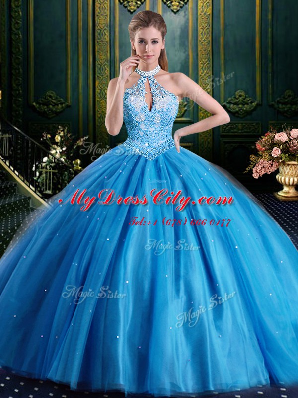 Halter Top Beading and Lace and Appliques Quinceanera Gowns Baby Blue Lace Up Sleeveless Floor Length