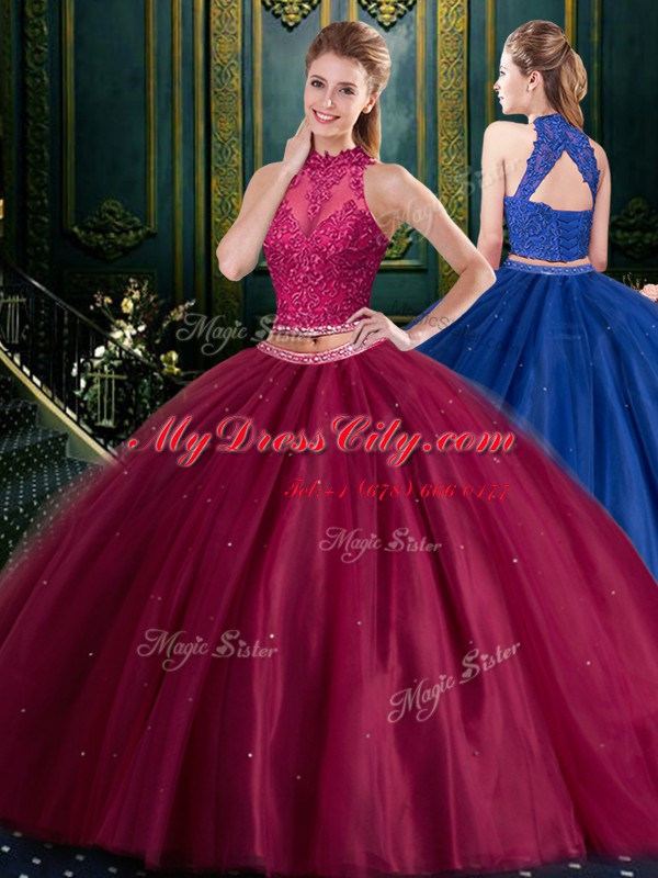 Amazing Halter Top Floor Length Burgundy 15th Birthday Dress High-neck Sleeveless Lace Up