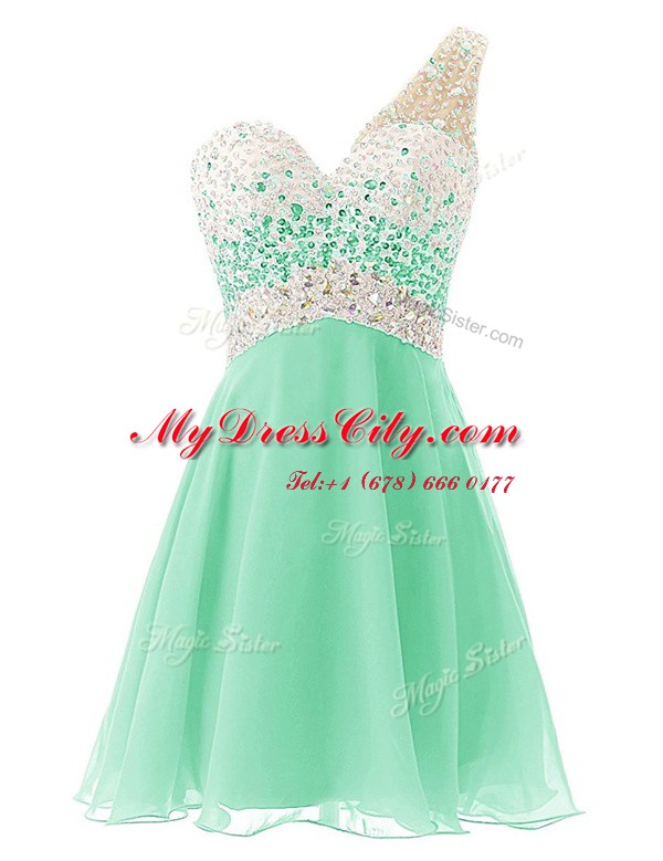 Most Popular One Shoulder Apple Green Sleeveless Beading Knee Length Prom Evening Gown