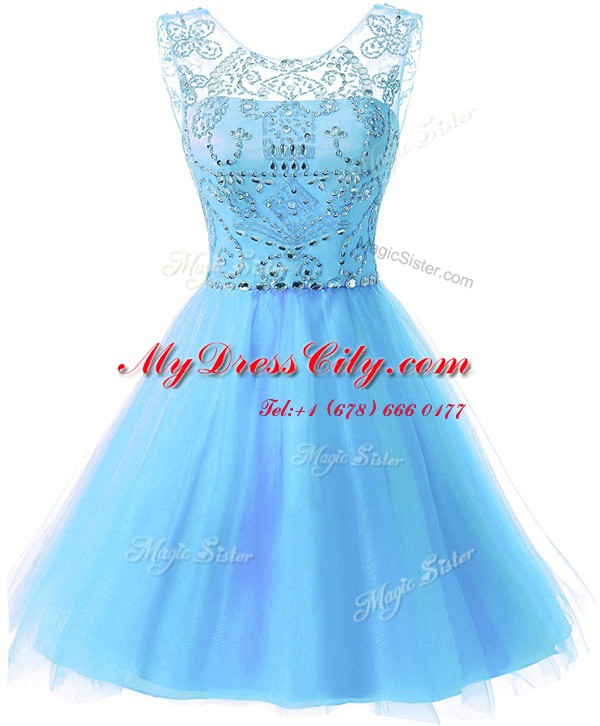 Affordable Scoop Baby Blue A-line Beading Dress for Prom Zipper Chiffon Sleeveless Knee Length