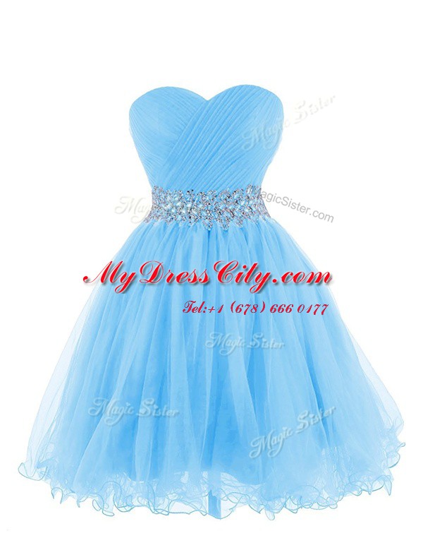 Inexpensive Sweetheart Sleeveless Dress for Prom Mini Length Belt Baby Blue Organza