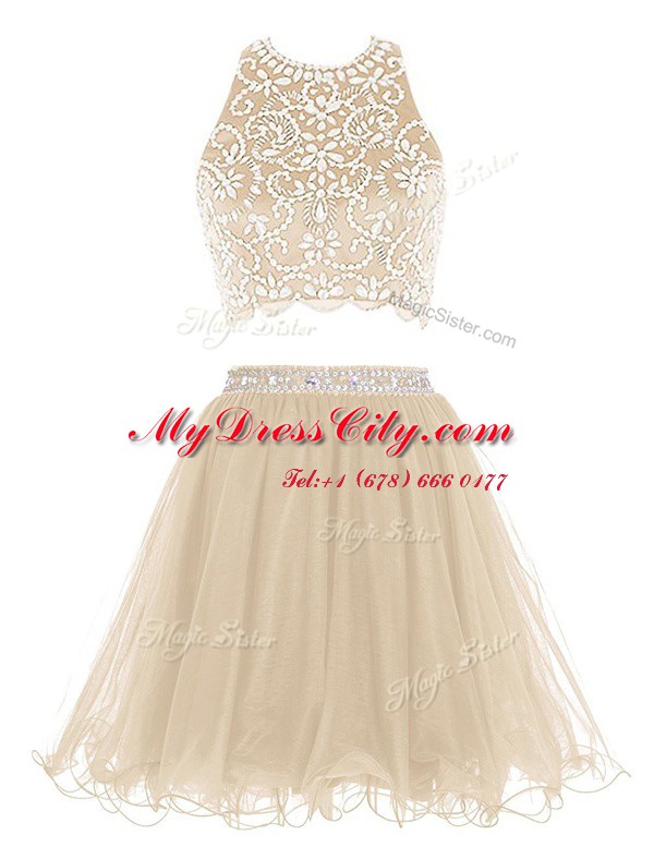 Scoop Champagne Sleeveless Mini Length Beading Backless