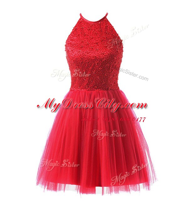 High End Scoop Knee Length Coral Red Prom Gown Tulle Sleeveless Beading