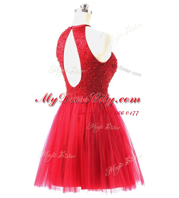 High End Scoop Knee Length Coral Red Prom Gown Tulle Sleeveless Beading