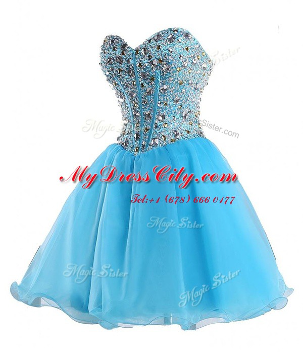 Best Mini Length Blue Juniors Party Dress Sweetheart Sleeveless Lace Up