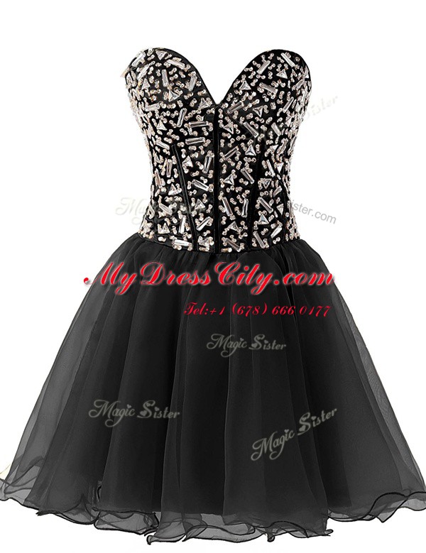 Beading Prom Evening Gown Black Lace Up Sleeveless Knee Length