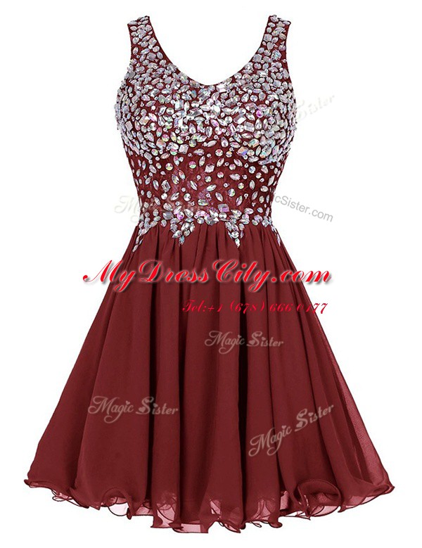 Beading Prom Dresses Burgundy Zipper Sleeveless Knee Length