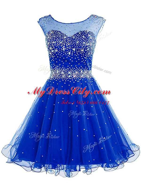 Fashion Knee Length Royal Blue Dress for Prom Chiffon Sleeveless Beading