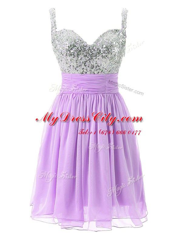 Lavender Column/Sheath Beading Prom Dress Zipper Chiffon Sleeveless Knee Length