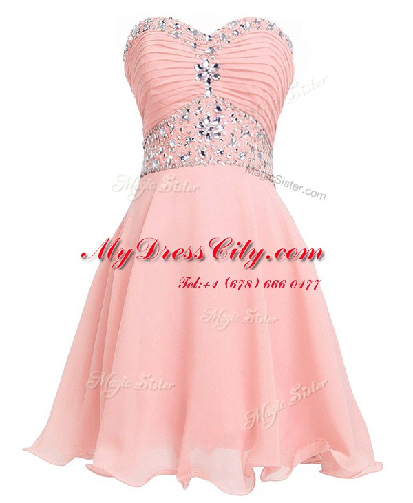 Sleeveless Mini Length Beading and Belt Lace Up Prom Dress with Pink