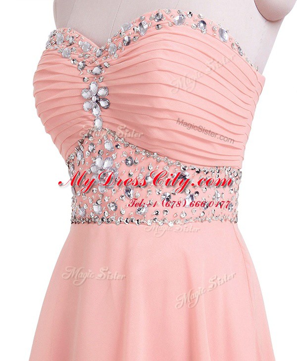 Sleeveless Mini Length Beading and Belt Lace Up Prom Dress with Pink