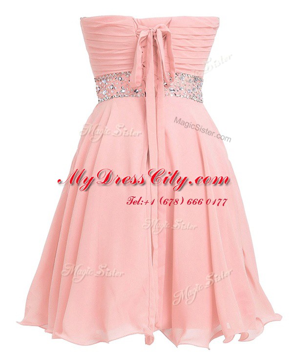 Sleeveless Mini Length Beading and Belt Lace Up Prom Dress with Pink