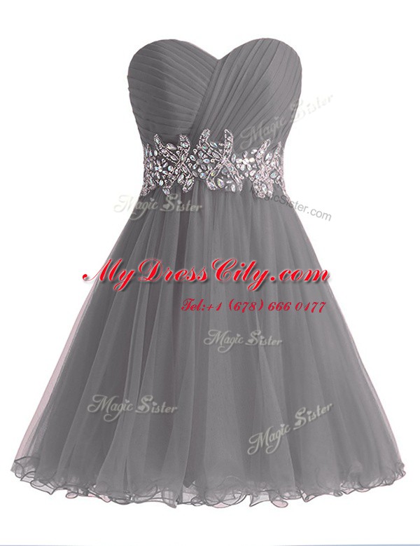 Delicate Beading and Ruching Dress for Prom Grey Lace Up Sleeveless Knee Length