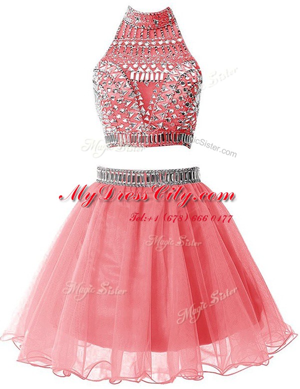 Simple Watermelon Red A-line Chiffon High-neck Sleeveless Beading Mini Length Zipper Evening Dress