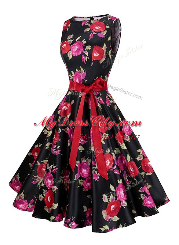 Scoop Sleeveless Chiffon Knee Length Zipper Homecoming Dress in Multi-color with Sashes ribbons and Pattern