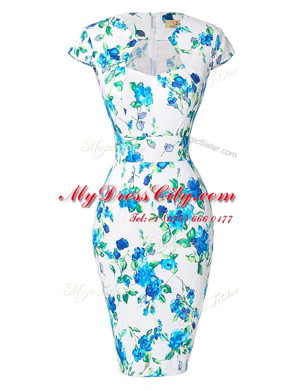 Lovely Blue And White Cap Sleeves Knee Length Pattern and Belt Zipper Dress for Prom