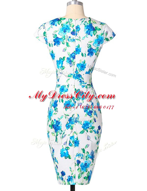 Lovely Blue And White Cap Sleeves Knee Length Pattern and Belt Zipper Dress for Prom