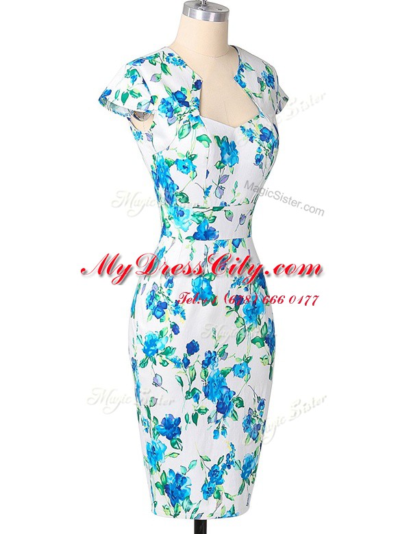 Lovely Blue And White Cap Sleeves Knee Length Pattern and Belt Zipper Dress for Prom