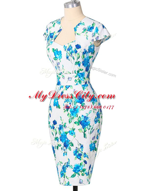 Lovely Blue And White Cap Sleeves Knee Length Pattern and Belt Zipper Dress for Prom