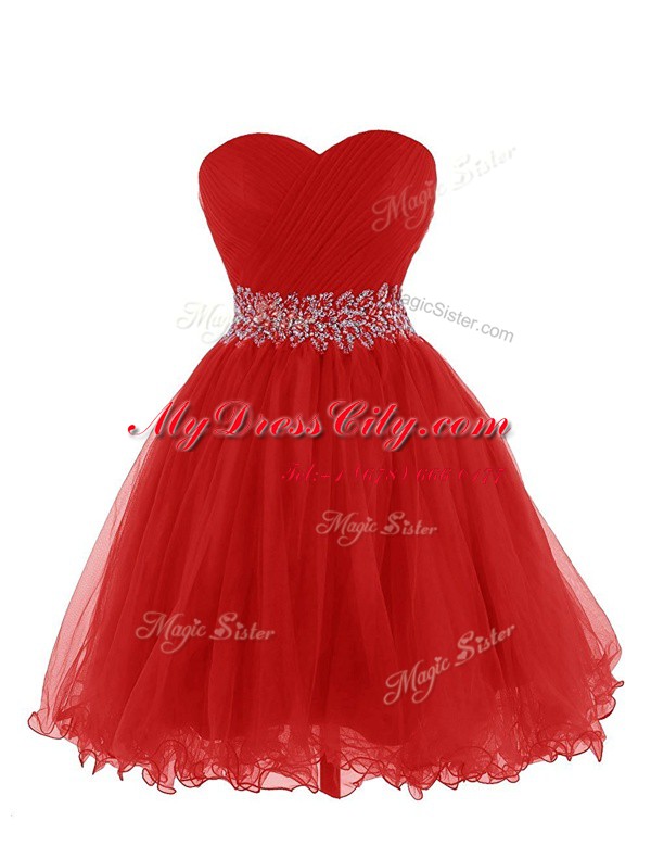 Sleeveless Mini Length Belt Lace Up Prom Gown with Red