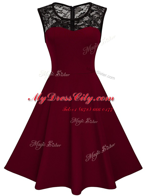 Burgundy Scoop Neckline Lace Prom Party Dress Sleeveless Zipper